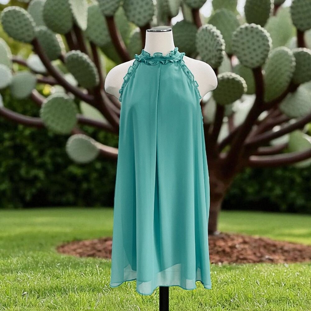 BCBG Generation Turquoise Halter Neck Shift Dress Sleeveless Chiffon Ruffle Trim